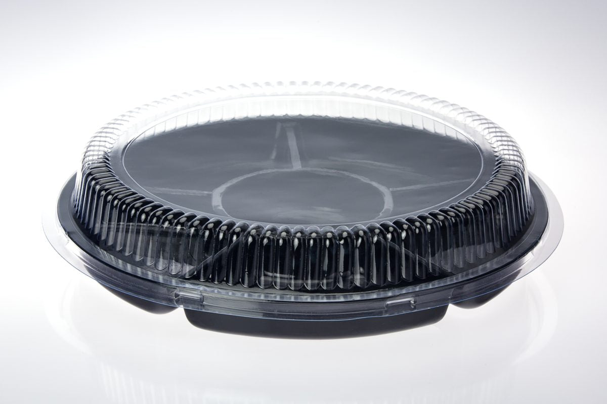 12" Black Round 6 Compartment Food Service Platter with Lid