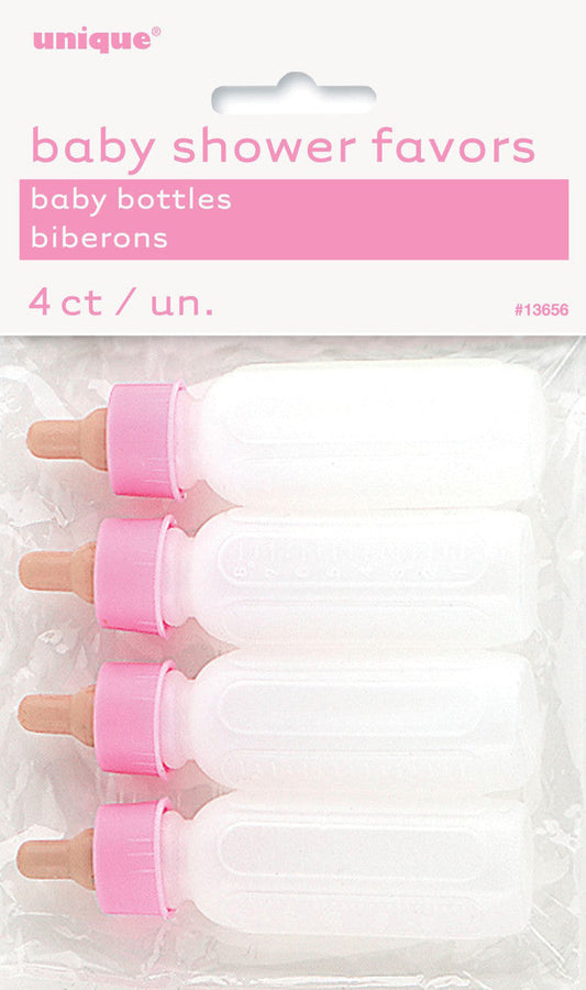 4 BABY Bottles With Pink Top Party Favour