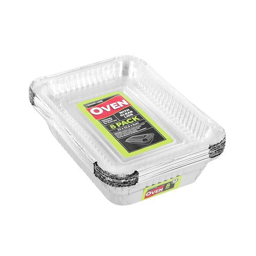 FOIL TRAY W/ PLASTIC LID 8PK 22X15.5X5CM