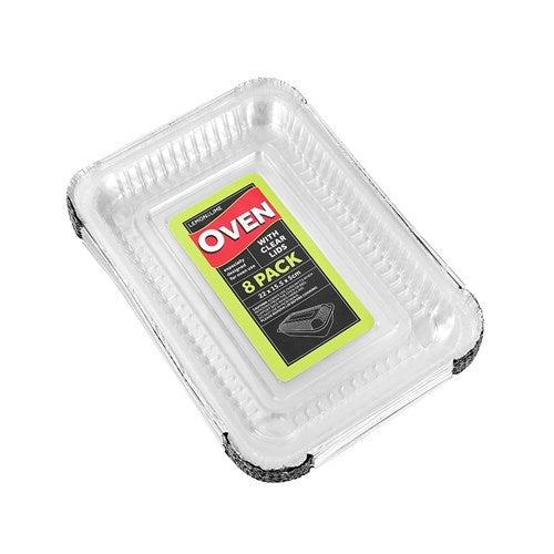 FOIL TRAY W/ PLASTIC LID 8PK 22X15.5X5CM