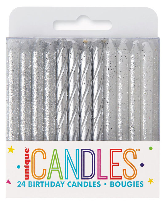 24 Silver & Silver Glitter Assorted Spiral Candles