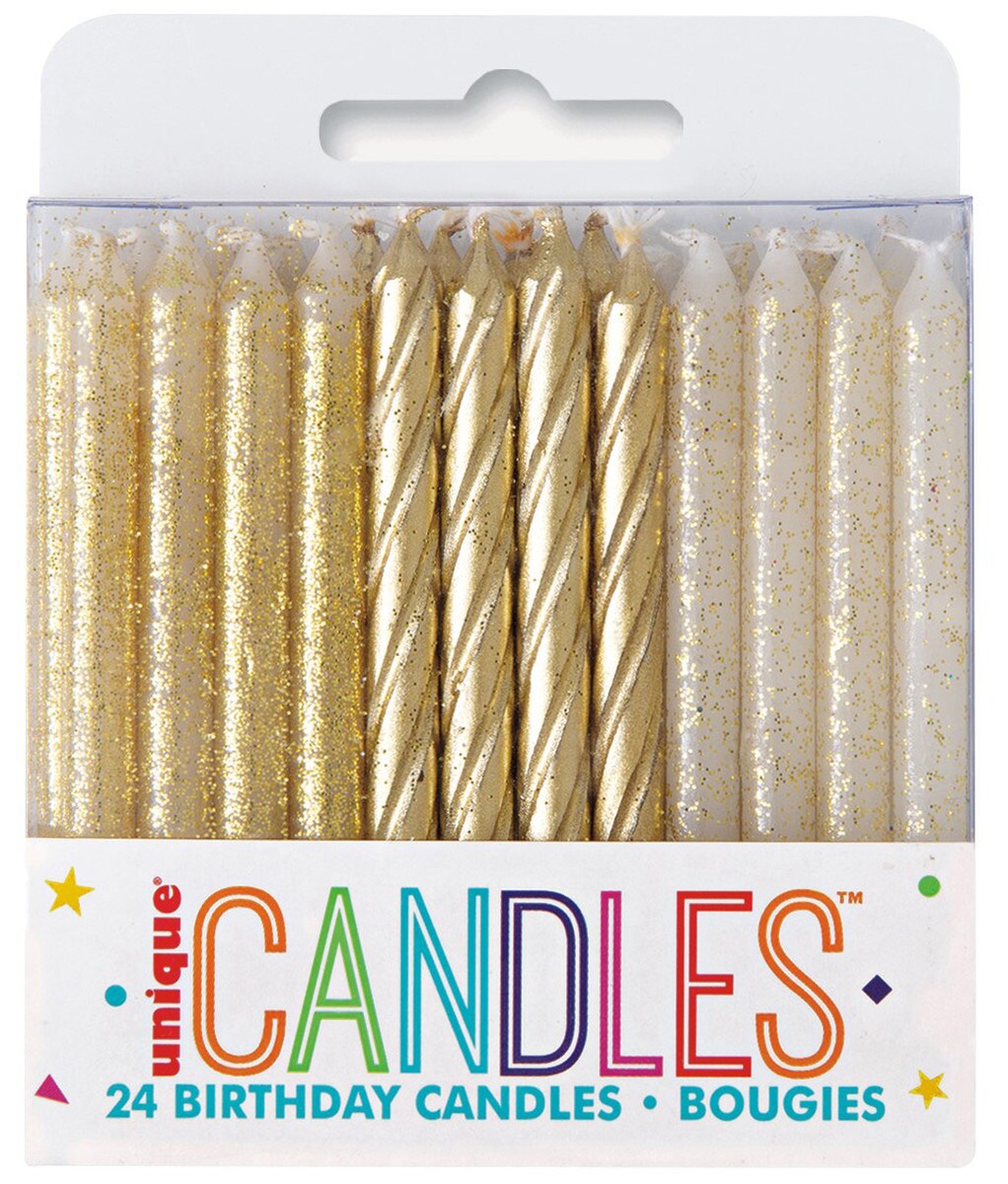 24 Gold & Gold Glitter Assorted Spiral Candles