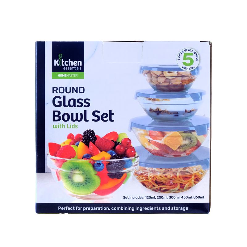 Glass Round Bowl With Lid Set 5pc - 120ml, 200ml, 300ml, 450ml, 860ml