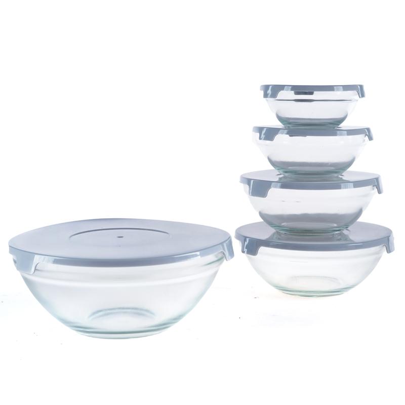 Glass Round Bowl With Lid Set 5pc - 120ml, 200ml, 300ml, 450ml, 860ml