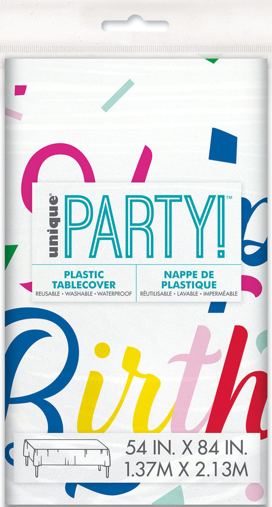 COLOURFUL CONFETTI BIRTHDAY PRINTED TABLECOVER 137CM X 213CM (54" X 84") - COMPACT PACKAGING