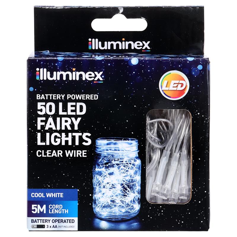 Fairy Lights Battery Operated 50 LED 5m Cool White 2 Function Clear Wire