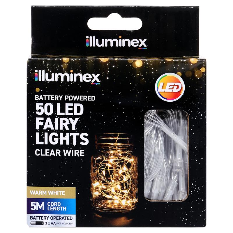 Fairy Lights Battery Operated 50 LED 5m Warm White 2 Function Clear Wire