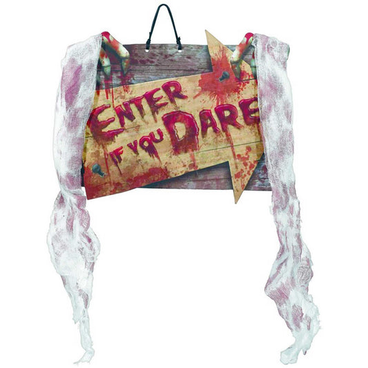 "Enter If You Dare" MDF Hanging Sign with Gauze & Ribbon