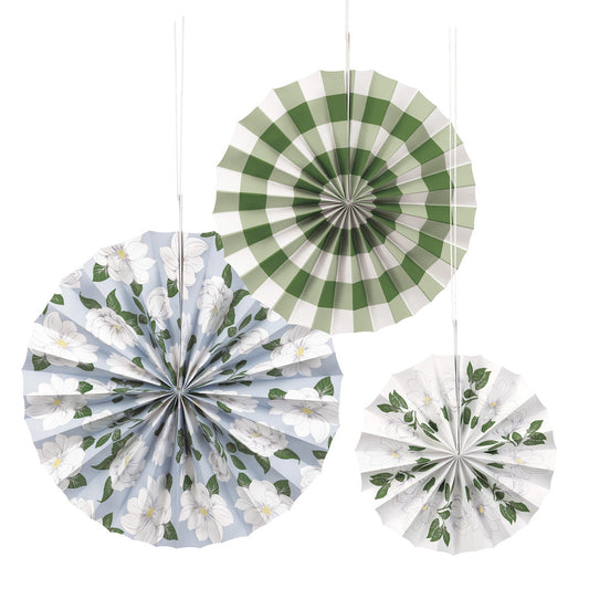 GARDEN PARTY 3 PAPER FANS - ASSORTED SIZES: 30CM (12"), 25.4CM (10"), 20.3CM (8")