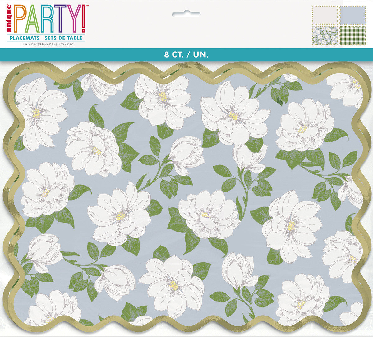 GARDEN PARTY 8 FOIL STAMPED SCALLOPED EDGE PAPER PLACEMATS 27.9CM X 38.1CM (11" X 15") - ASSORTED DESIGNS