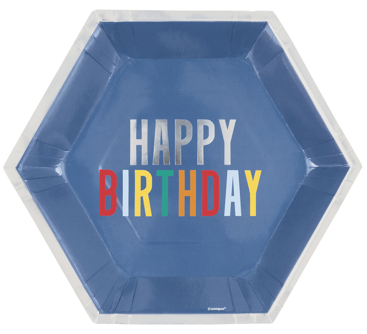 HAPPY BIRTHDAY DOTS 8 X 23.4CM (9.25") FOIL STAMPED HEXAGONAL SHAPED PAPER PLATES