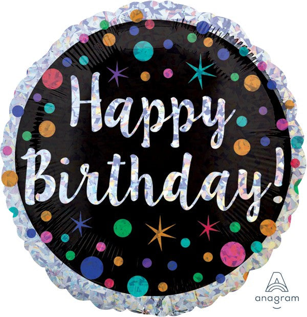 45cm Standard Holographic Polka Dot Happy Birthday. NIS Packaging & Party Supply