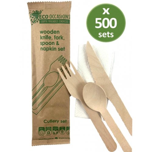 Wooden Cutlery Knife, Fork, Spoon & Napkin Set Biodegradable 50pk