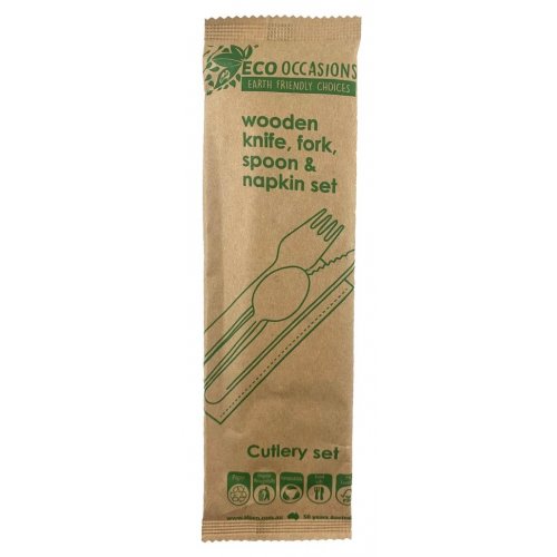 Wooden Cutlery Knife, Fork, Spoon & Napkin Set Biodegradable 50pk