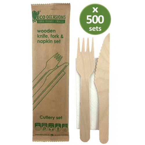 Wooden Cutlery Knife, Fork & Napkin Set Biodegradable 50pk