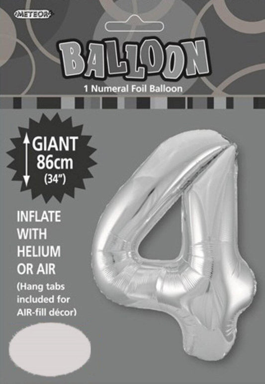 Silver "4" Numeral Foil Balloon 86cm (34")