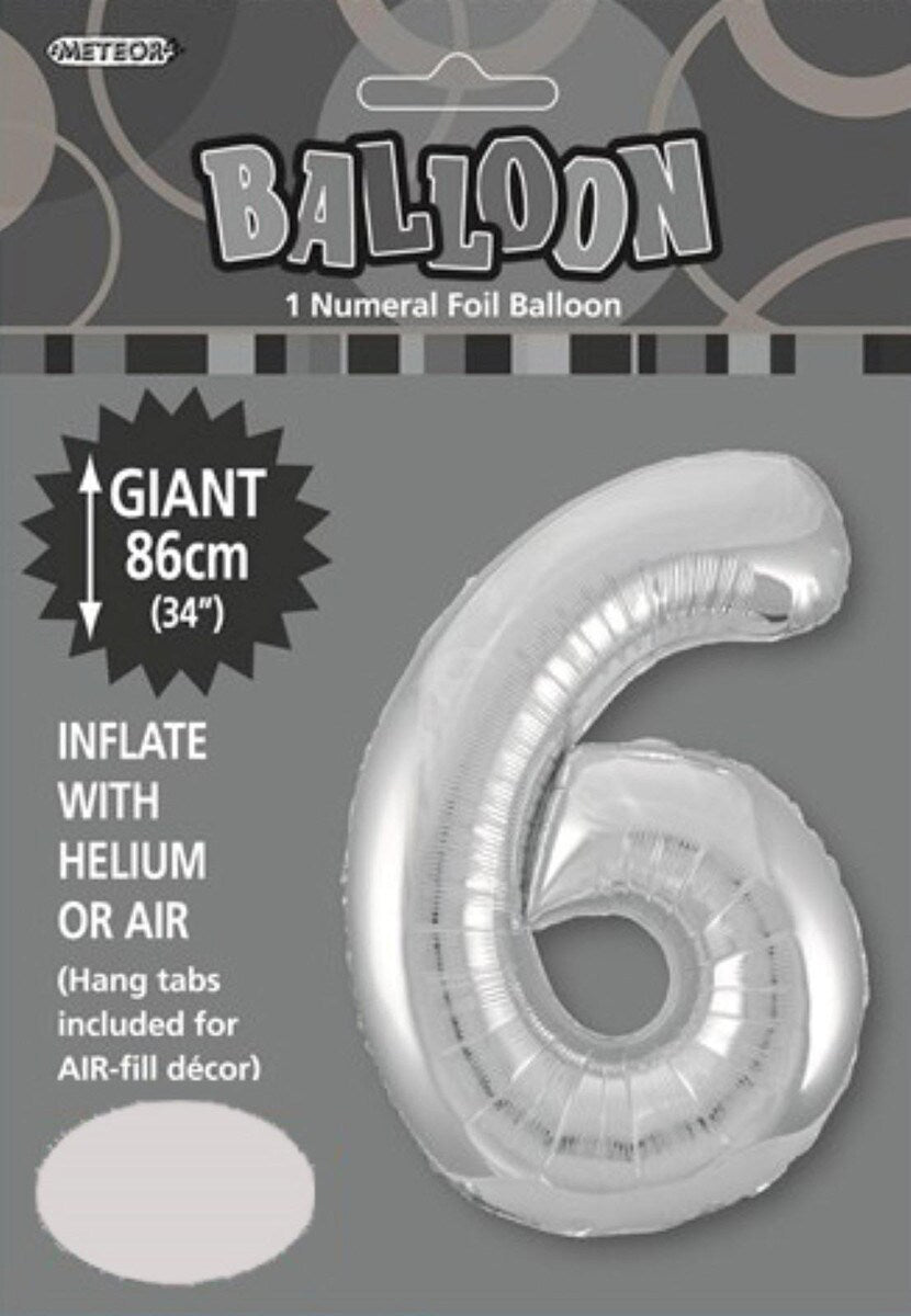 Silver "6" Numeral Foil Balloon 86cm (34")