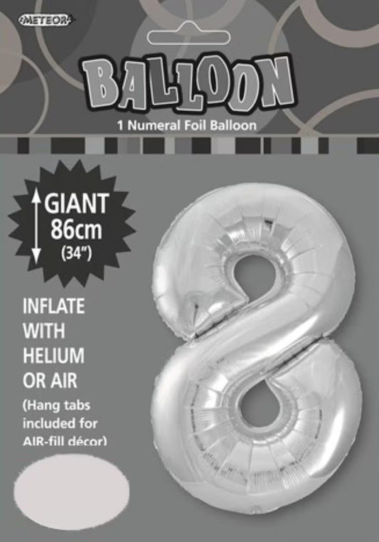 Silver "8" Numeral Foil Balloon 86cm (34")