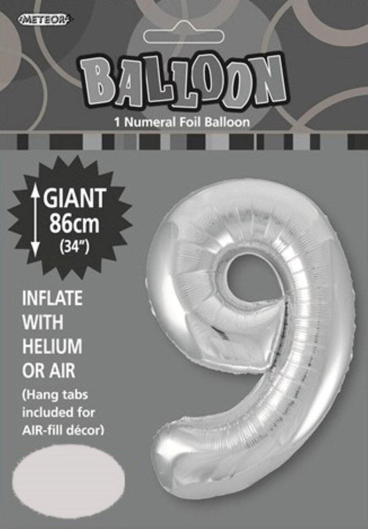 Silver "9" Numeral Foil Balloon 86cm (34")