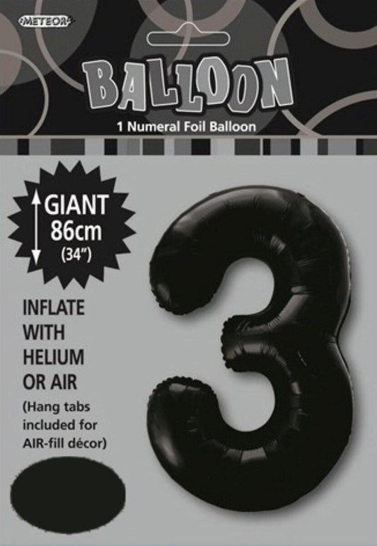 Black "3" Numeral Foil Balloon 86cm (34")