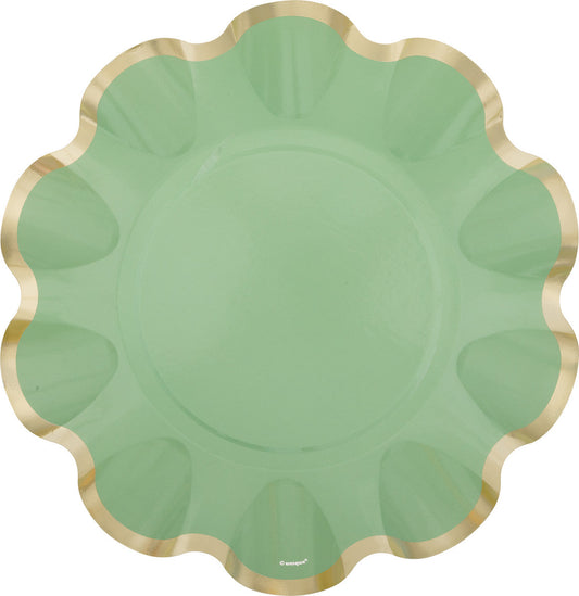 Elegant SAGE & GOLD Scalloped Edge 24.7cm (9.75") Foil Stamped Paper Plates- 8pk