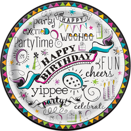 DOODLE Birthday Paper Plates 23CM (9")- Pack of 8