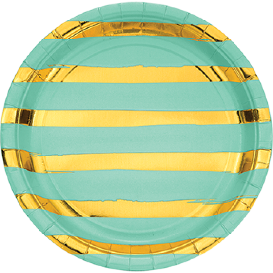 TOUCH OF COLOUR FRESH MINT & GOLD FOIL STRIPED DINNER PLATES PAPER 22CM 8pk