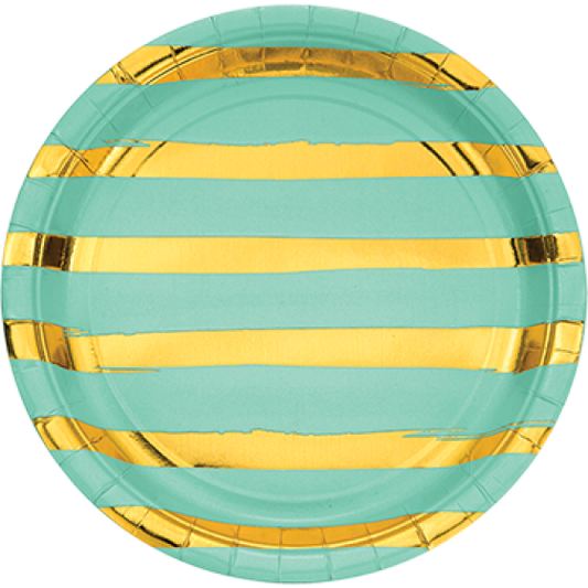 TOUCH OF COLOUR FRESH MINT & GOLD FOIL STRIPED DINNER PLATES PAPER 22CM 8pk