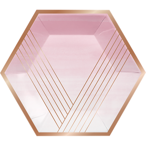 ROSE ALL DAY BANQUET PLATES HEXAGONAL STRIPES ROSE GOLD FOIL 25CM 8pk