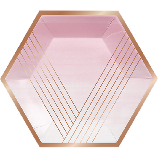 ROSE ALL DAY BANQUET PLATES HEXAGONAL STRIPES ROSE GOLD FOIL 25CM 8pk