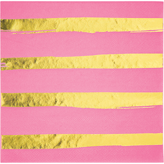 TOUCH OF COLOUR CANDY PINK & GOLD FOIL STRIPED LUNCH NAPKINS 16pk