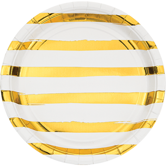 TOUCH OF COLOUR WHITE & GOLD FOIL STRIPED DINNER PLATES PAPER 22CM 8pk