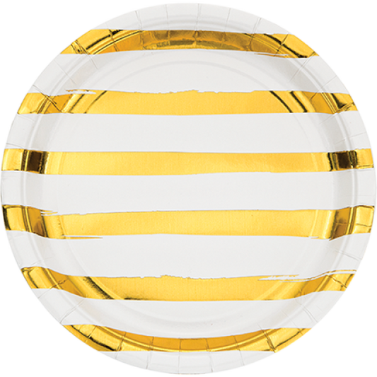 TOUCH OF COLOUR WHITE & GOLD FOIL STRIPED DINNER PLATES PAPER 22CM 8pk