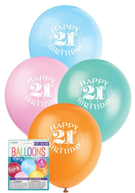 Happy Birthday "21" 8 x 30cm (12") Balloons - Assorted Colours