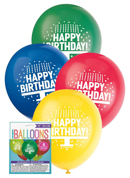 Happy Birthday Cake 8 x 30cm (12") Balloons - Assorted Primary Colours