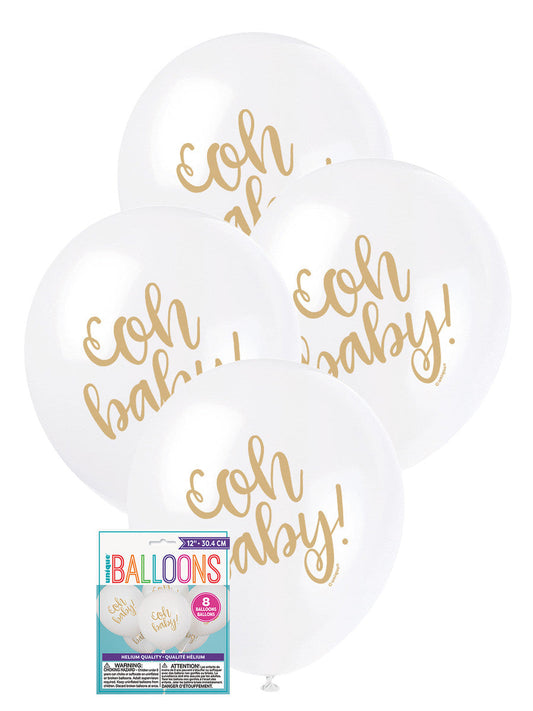 OH BABY 30CM (12") BALLOONS - WHITE 8pk