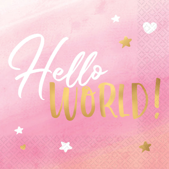 OH BABY Girl Lunch Napkins "Hello World" Hot Stamped 16pk