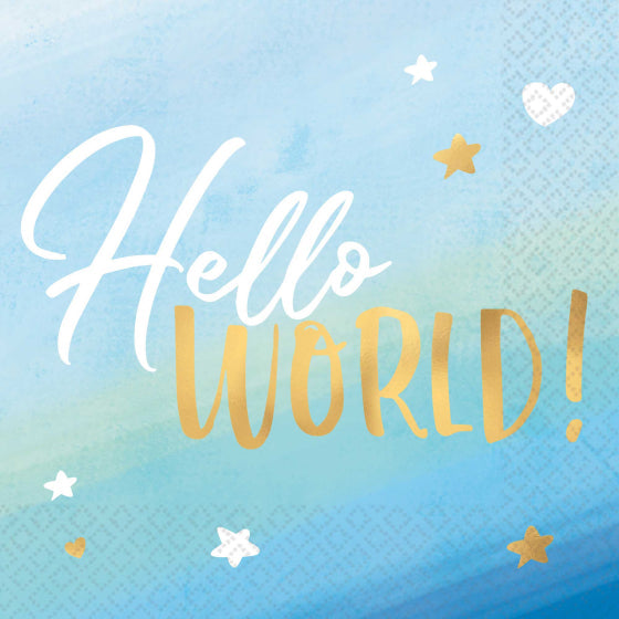 Oh Baby Boy Lunch Napkins "Hello World" Hot Stamped 16pk