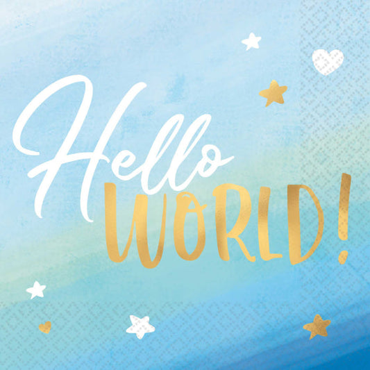 Oh Baby Boy Lunch Napkins "Hello World" Hot Stamped 16pk