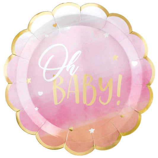 OH BABY GIRL 26CM Shaped Metallic Paper Plates 8pk