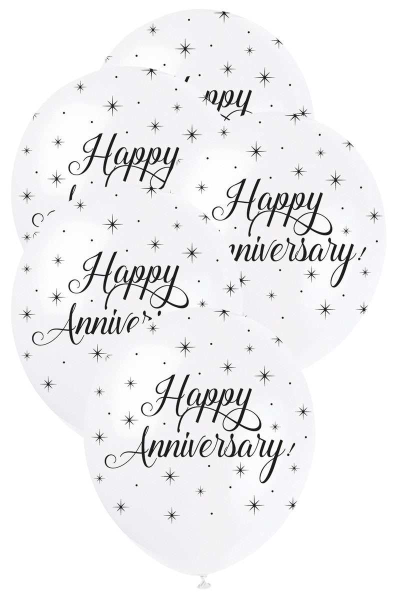 "HAPPY ANNIVERSARY" SILVER 30cm (12") Pearl White Balloons - Printed All Sides 5pk