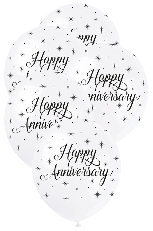 "HAPPY ANNIVERSARY" SILVER 30cm (12") Pearl White Balloons - Printed All Sides 5pk