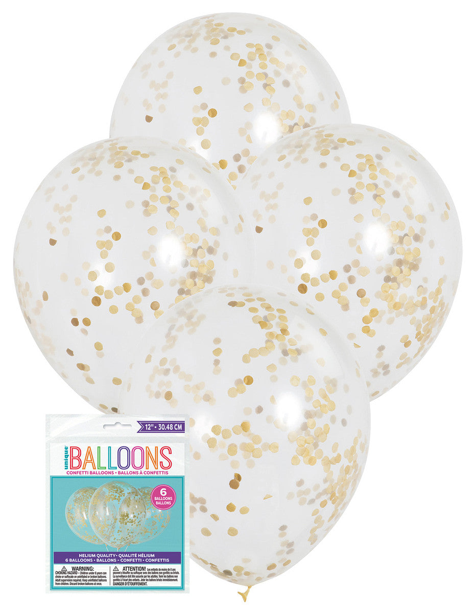 CLEAR BALLOONS PREFILLED WITH GOLD Confetti 12"(30cm) 6pk