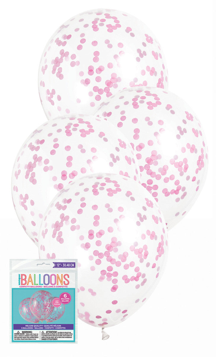 CLEAR BALLOONS PREFILLED WITH HOT PINK CONFETTI 6pk 30cm