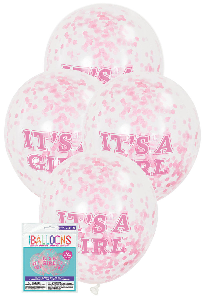 IT'S A GIRL CLEAR BALLOONS PREFILLED WITH PINK CONFETTI 6pc 30.48CM (12")