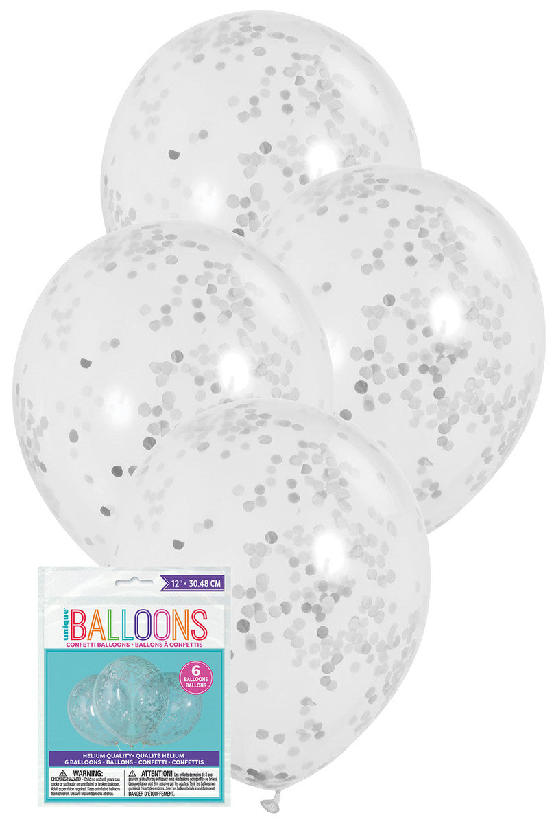 Clear Balloons Prefilled With SILVER Confetti 30.48cm (12") 6pk