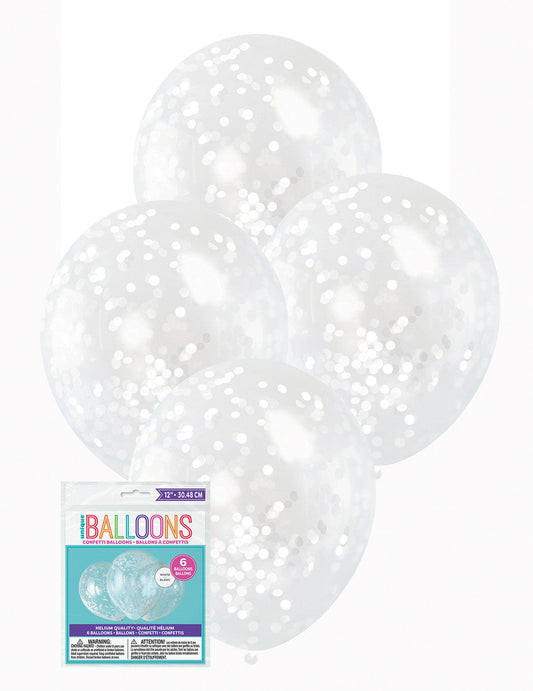 CLEAR BALLOONS With White Confetti 30.48CM (12") 6pk