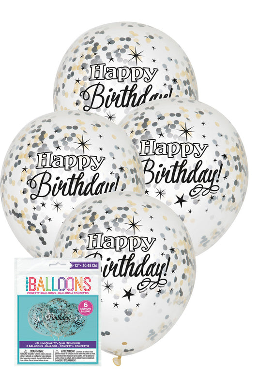 GLITTERING BIRTHDAY 30.48CM (12") SILVER, GOLD & BLACK CONFETTI 6pk