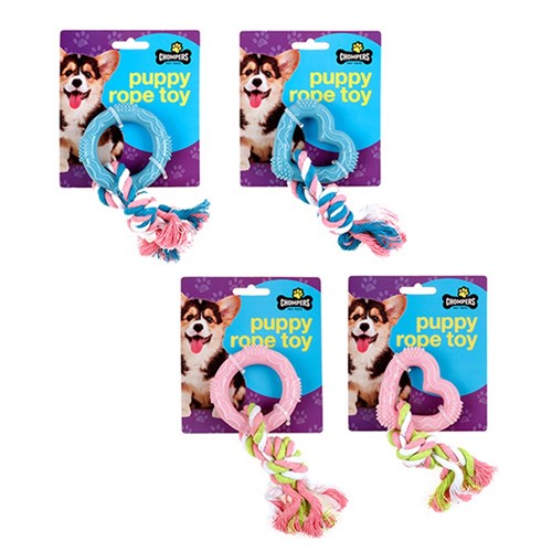 Dog Puppy Toy Rope Tug 20cm w TPR Ring or Heart 4 Asstd