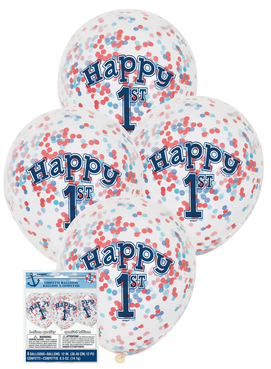 1ST BIRTHDAY 30cm (12") CLEAR BALLOONS WITH BLUE & RED Confetti 6pk